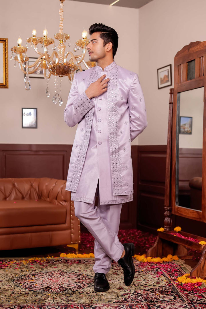 Mauve Raw Silk Jacket Style Indo-western Suit with Mirror Embroidery.