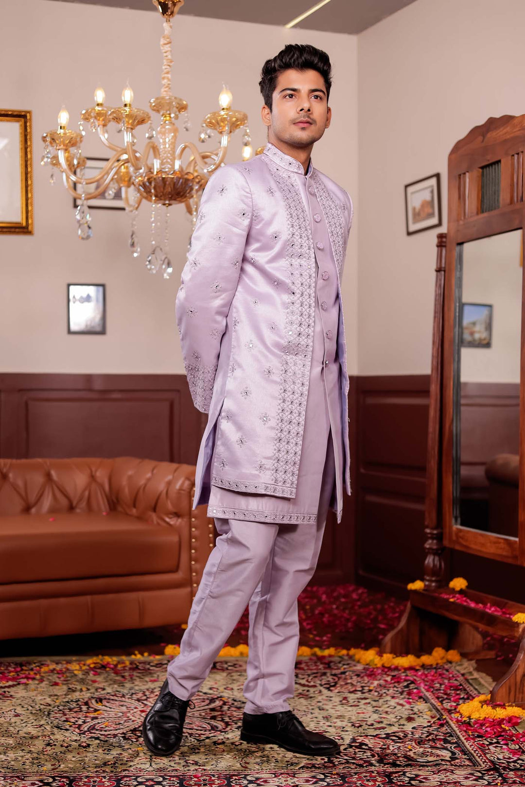 Mauve Raw Silk Jacket Style Indo-western Suit with Mirror Embroidery.