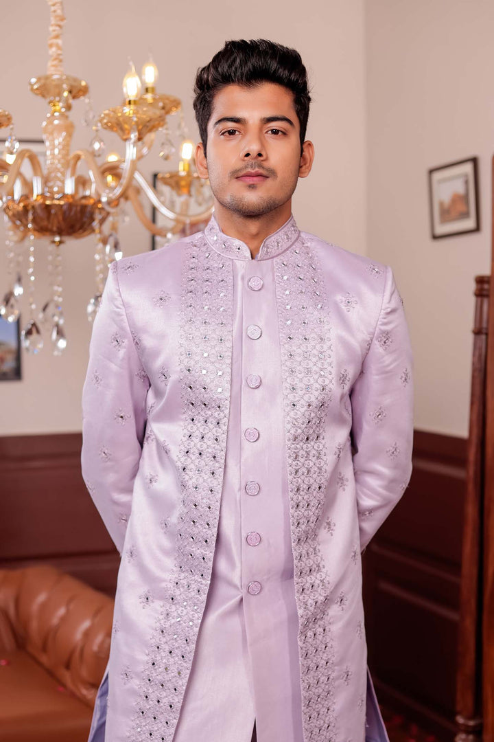 Mauve Raw Silk Jacket Style Indo-western Suit with Mirror Embroidery.