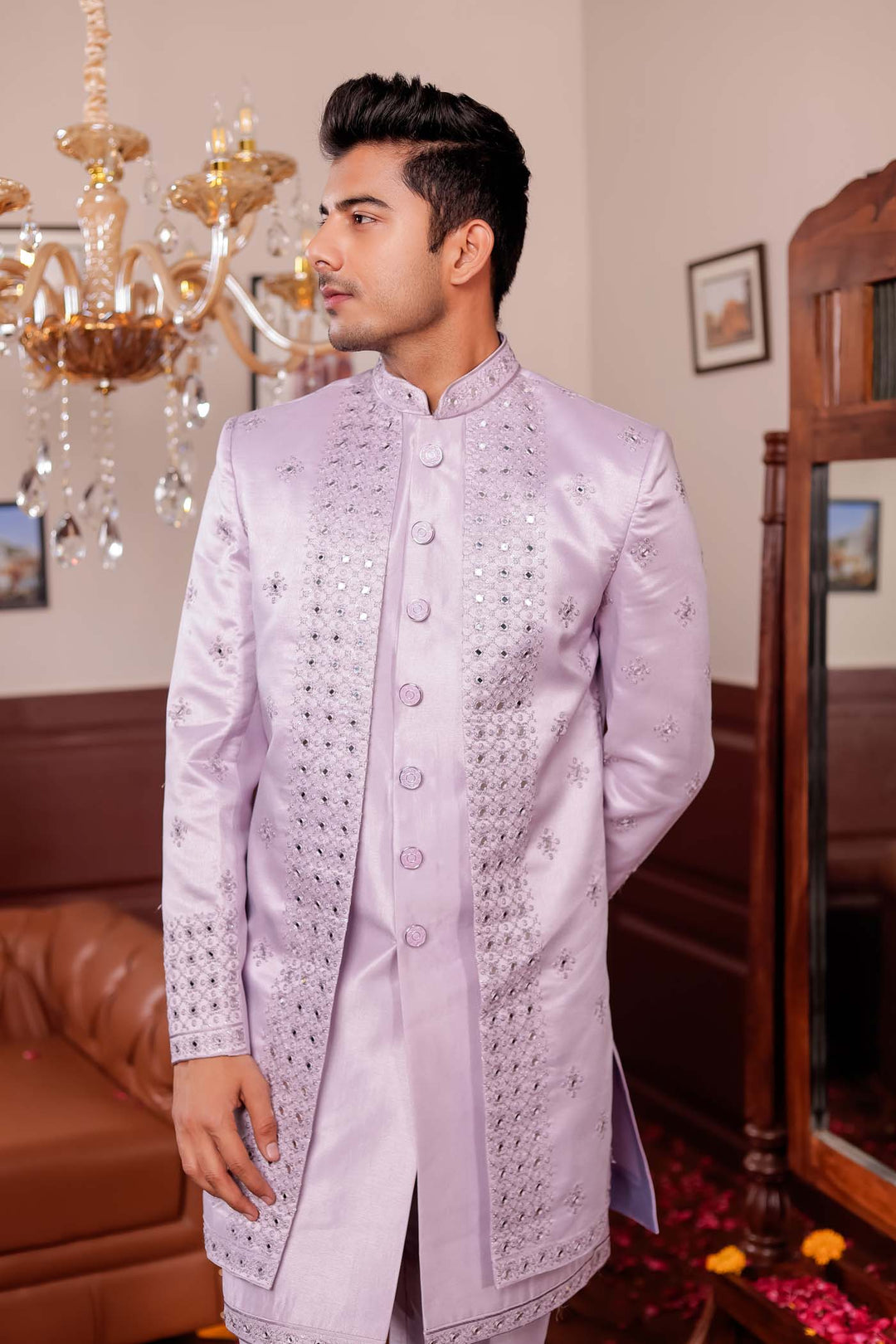 Mauve Raw Silk Jacket Style Indo-western Suit with Mirror Embroidery.