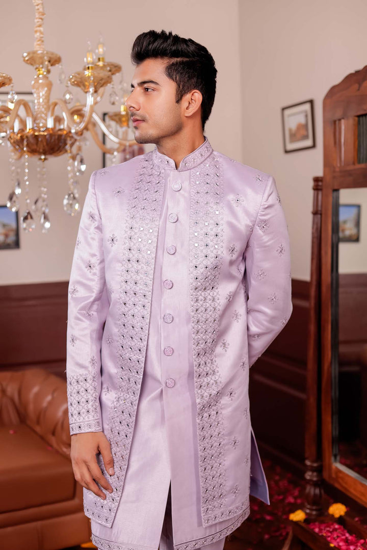 Mauve Raw Silk Jacket Style Indo-western Suit with Mirror Embroidery.