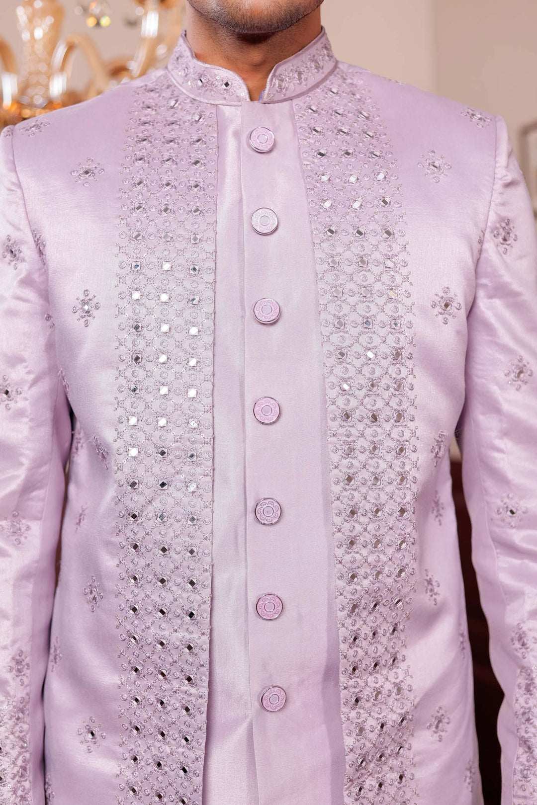 Mauve Raw Silk Jacket Style Indo-western Suit with Mirror Embroidery.