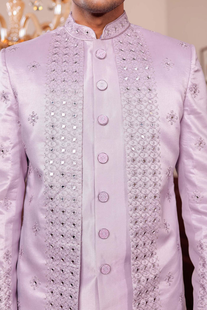Mauve Raw Silk Jacket Style Indo-western Suit with Mirror Embroidery.