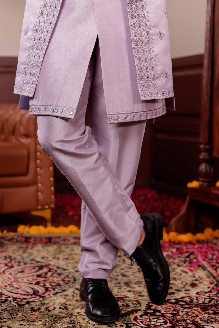 Mauve Raw Silk Jacket Style Indo-western Suit with Mirror Embroidery.