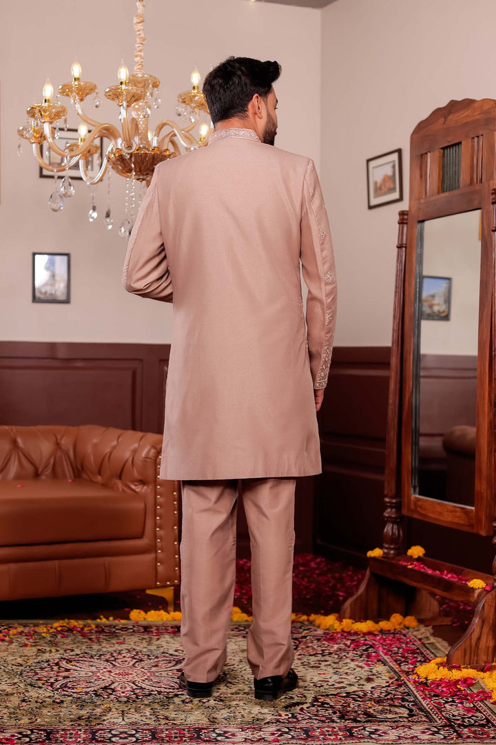 Taupe Raw Silk Jacket Style Indo-western Suit with Mirror Embroidery.