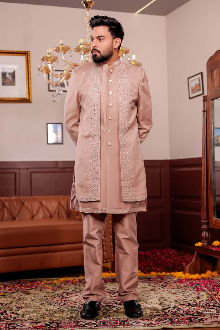 Taupe Raw Silk Jacket Style Indo-western Suit with Mirror Embroidery.