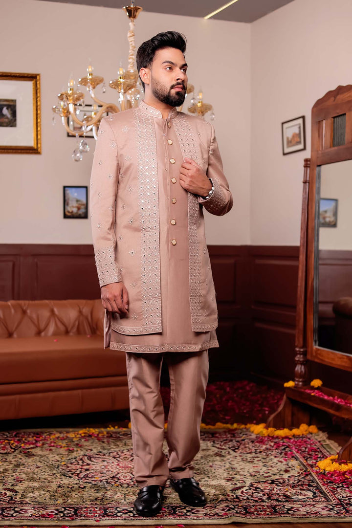 Taupe Raw Silk Jacket Style Indo-western Suit with Mirror Embroidery.