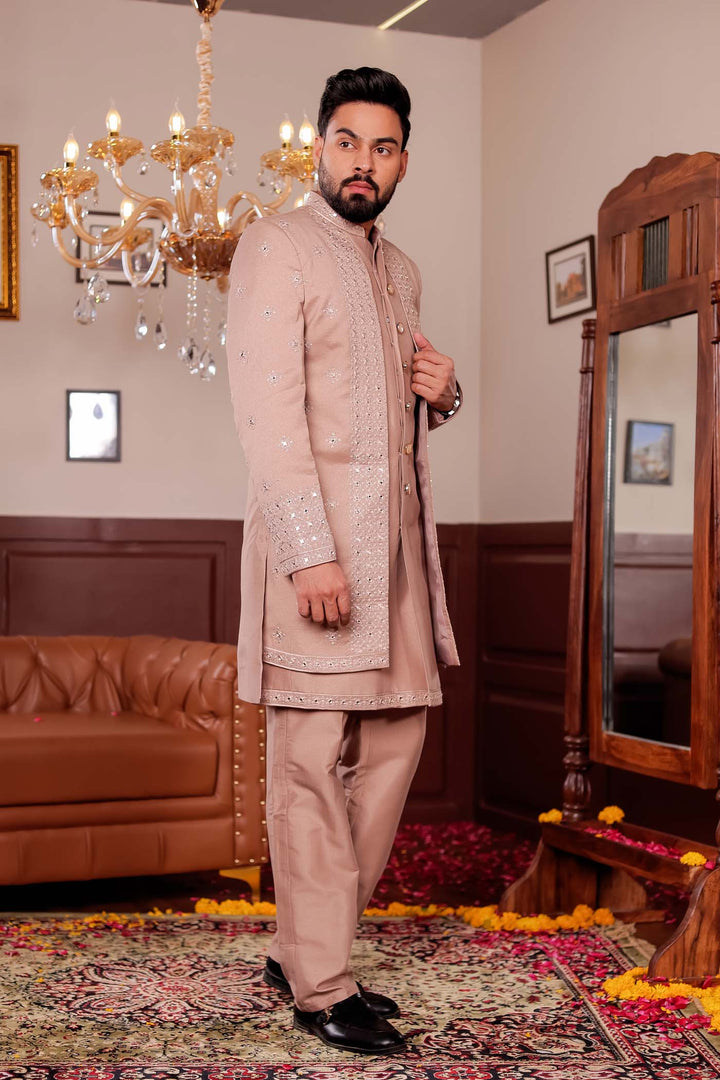 Taupe Raw Silk Jacket Style Indo-western Suit with Mirror Embroidery.