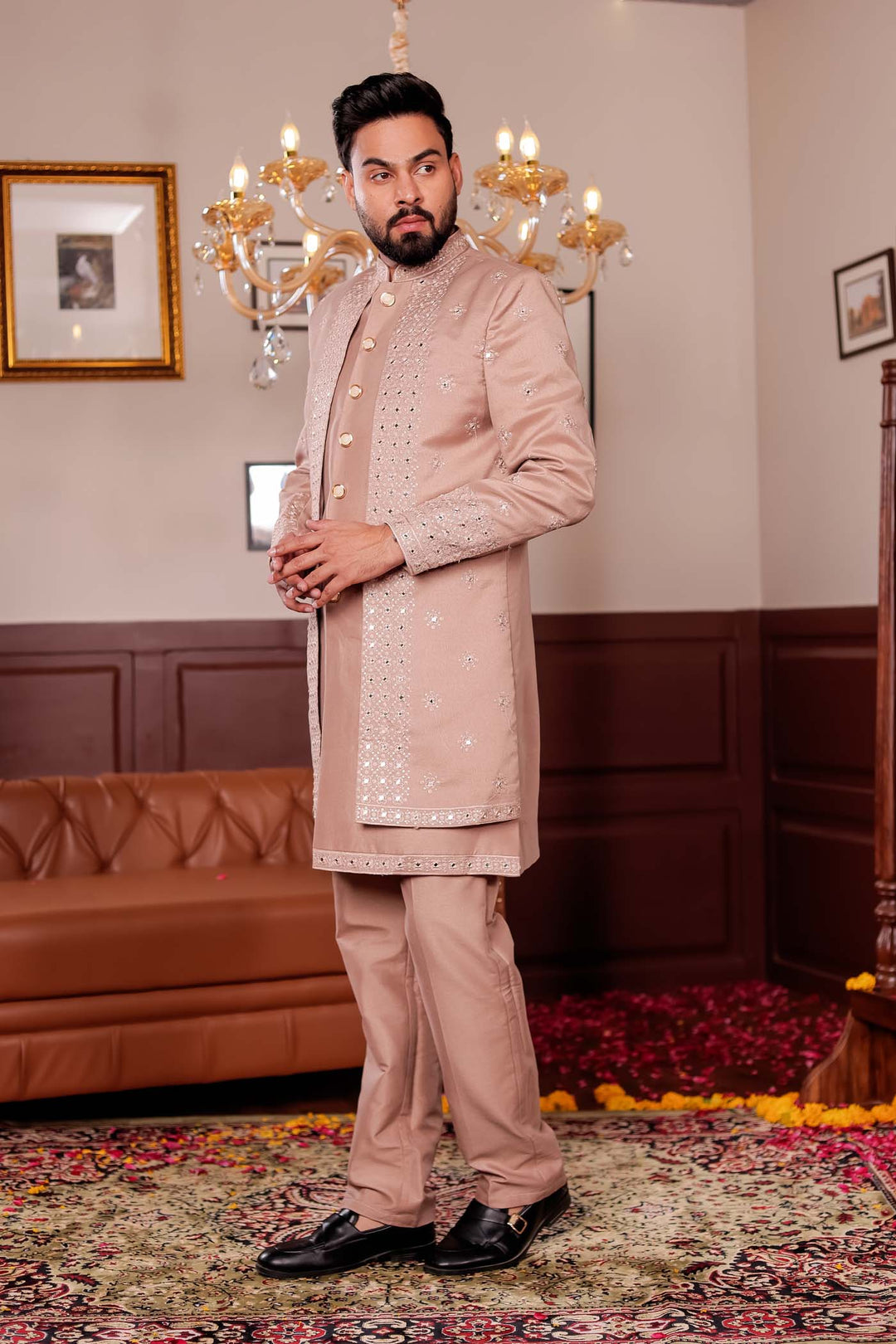 Taupe Raw Silk Jacket Style Indo-western Suit with Mirror Embroidery.