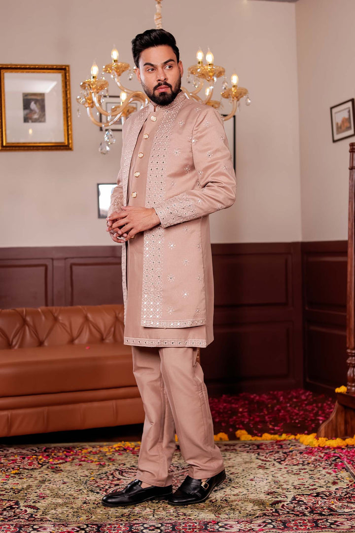 Taupe Raw Silk Jacket Style Indo-western Suit with Mirror Embroidery.