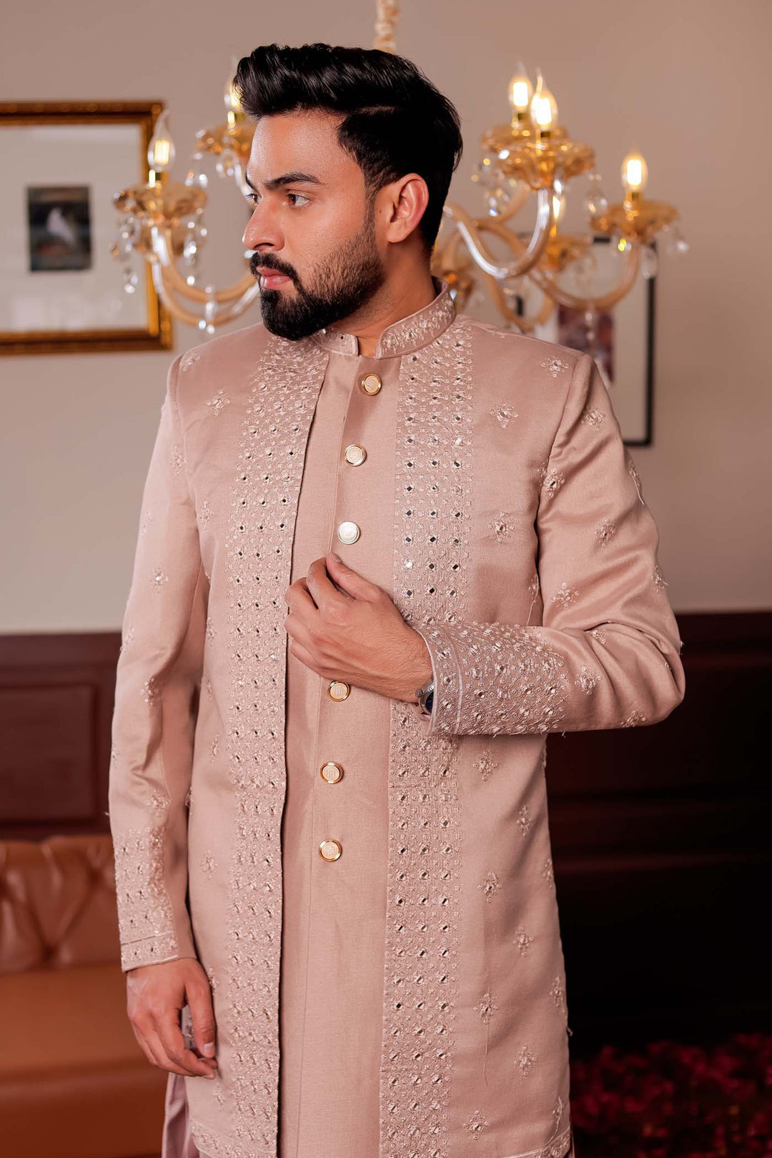 Taupe Raw Silk Jacket Style Indo-western Suit with Mirror Embroidery.