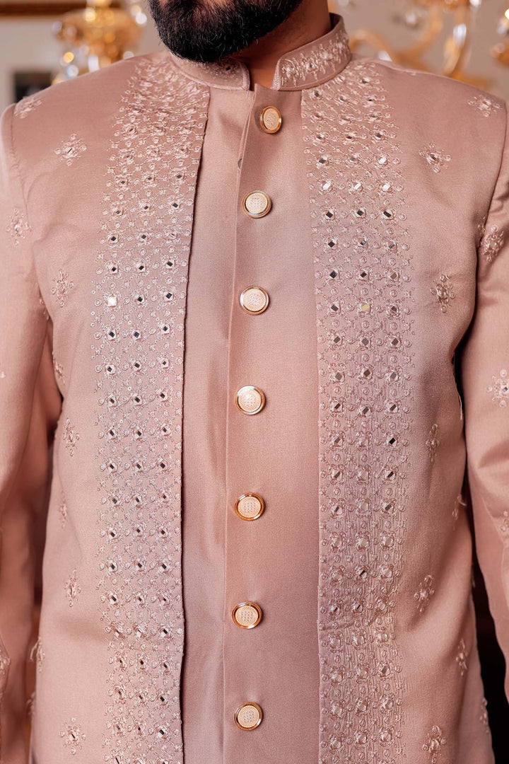 Taupe Raw Silk Jacket Style Indo-western Suit with Mirror Embroidery.