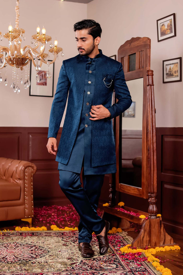 Rama Blue Brocade Silk Jacket Style Indo-wester Suit.