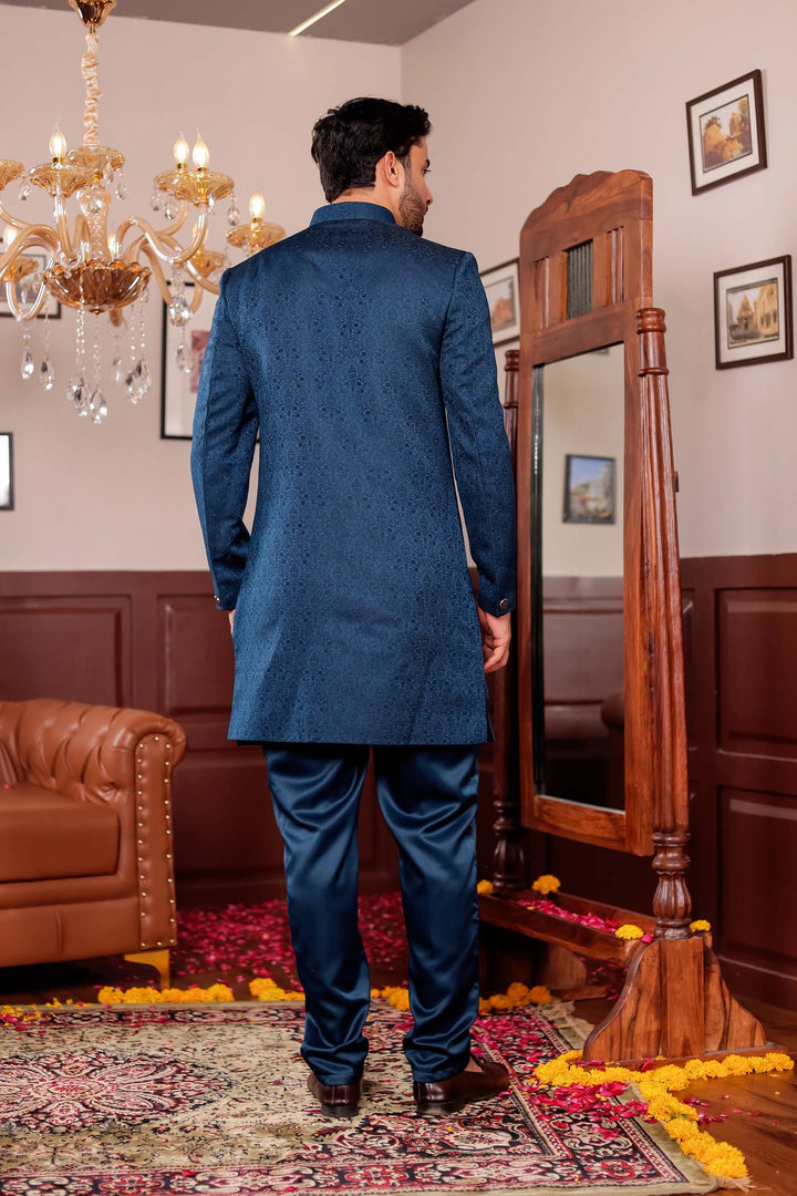 Rama Blue Brocade Silk Jacket Style Indo-wester Suit.