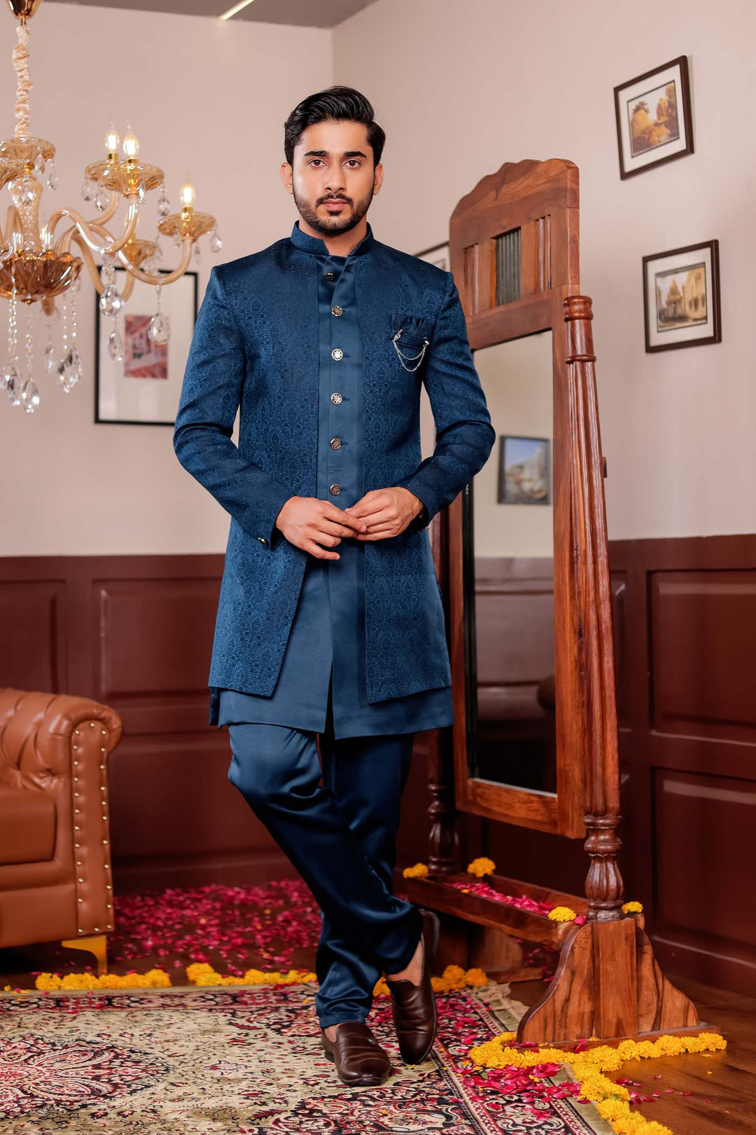 Rama Blue Brocade Silk Jacket Style Indo-wester Suit.
