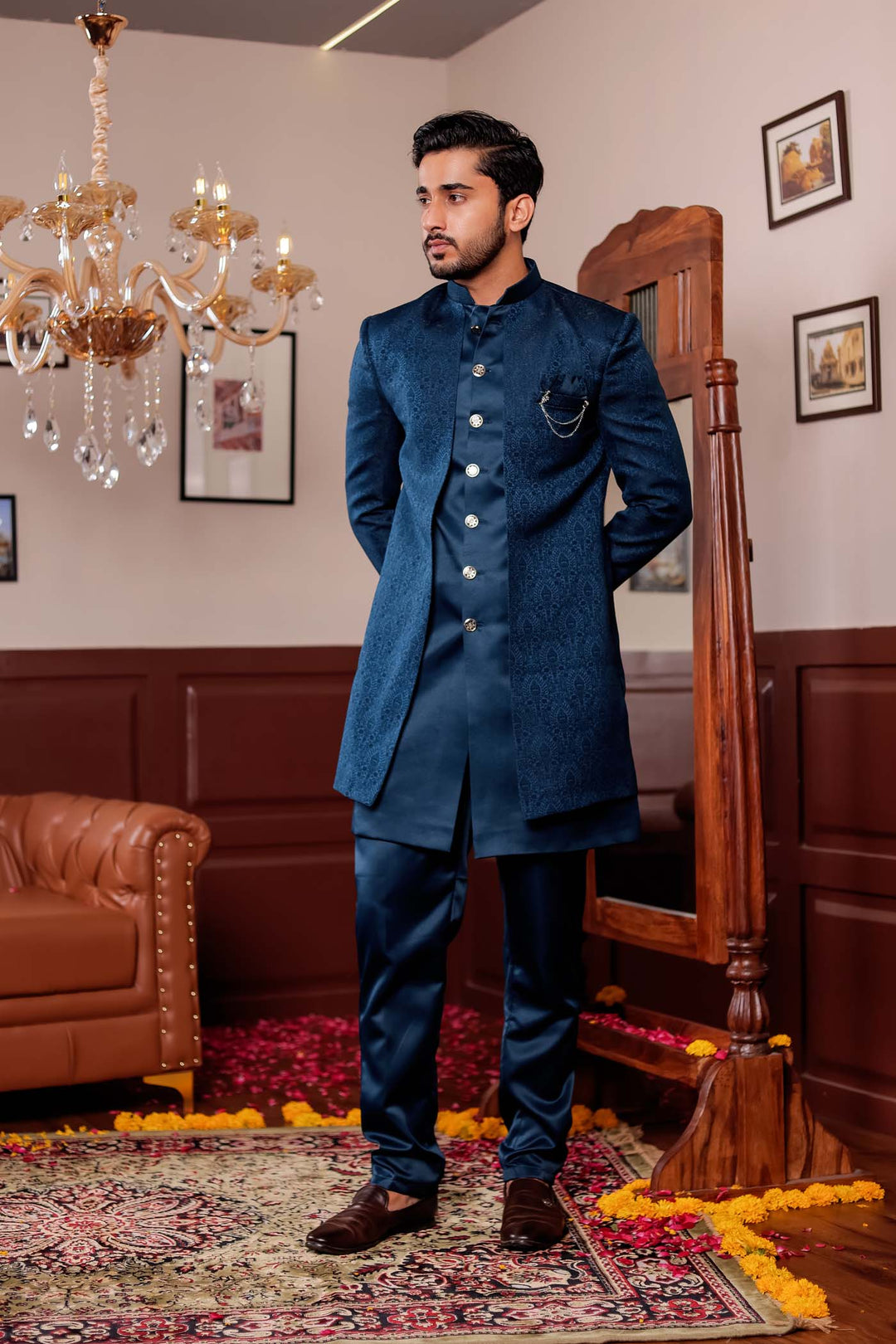 Rama Blue Brocade Silk Jacket Style Indo-wester Suit.