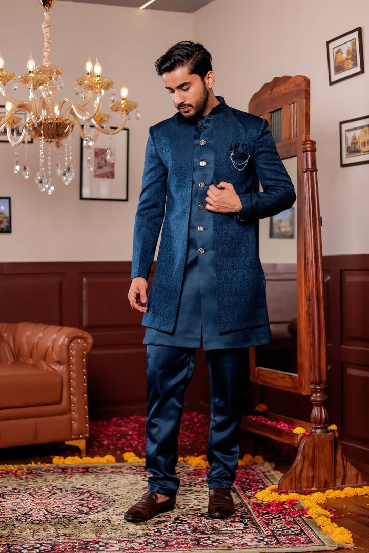Rama Blue Brocade Silk Jacket Style Indo-wester Suit.