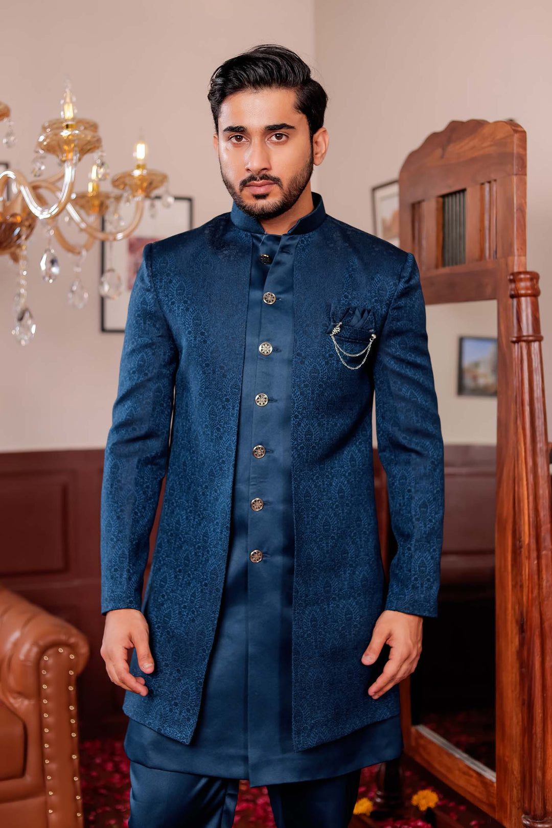 Rama Blue Brocade Silk Jacket Style Indo-wester Suit.