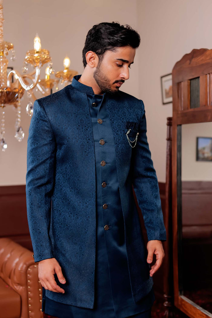 Rama Blue Brocade Silk Jacket Style Indo-wester Suit.