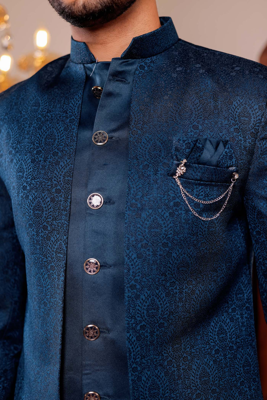 Rama Blue Brocade Silk Jacket Style Indo-wester Suit.