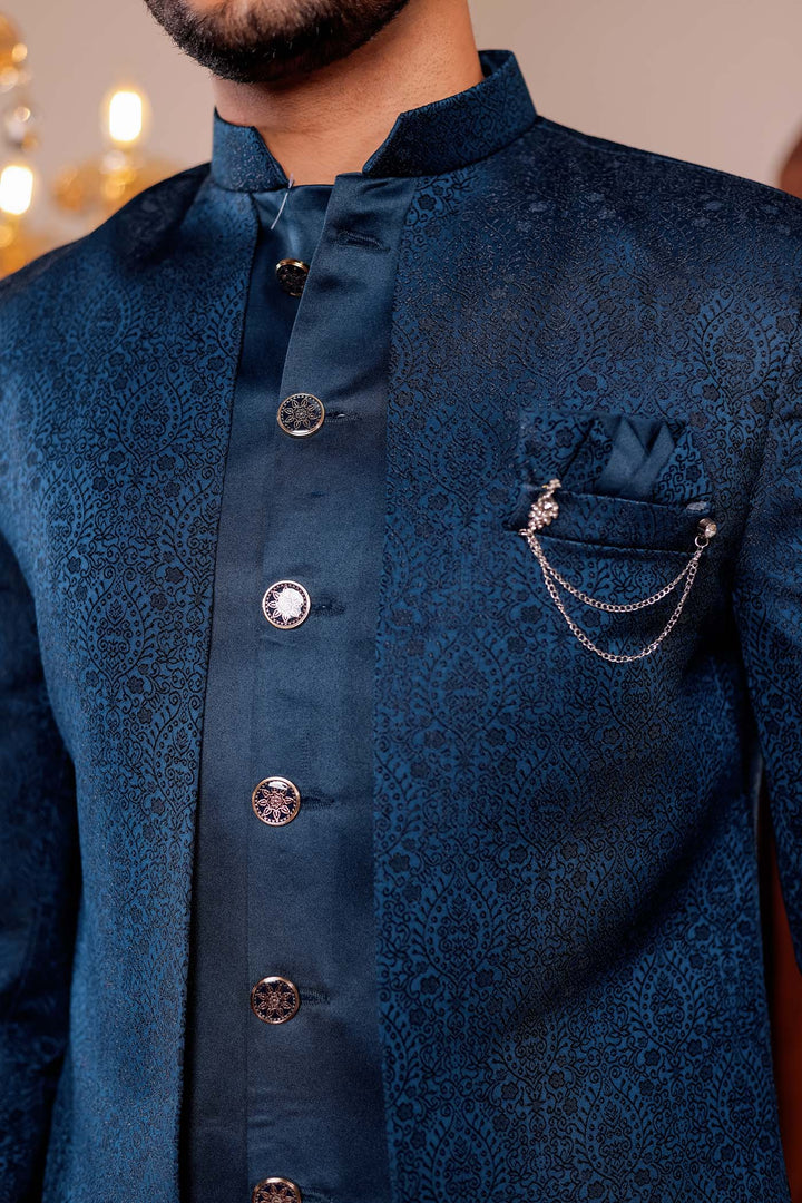 Rama Blue Brocade Silk Jacket Style Indo-wester Suit.