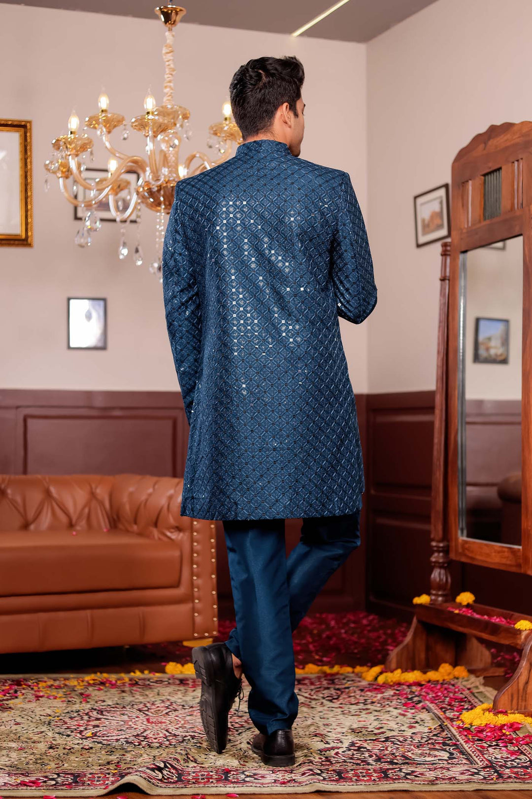 Teal Blue Open Jacket Style Indo-western Suit.