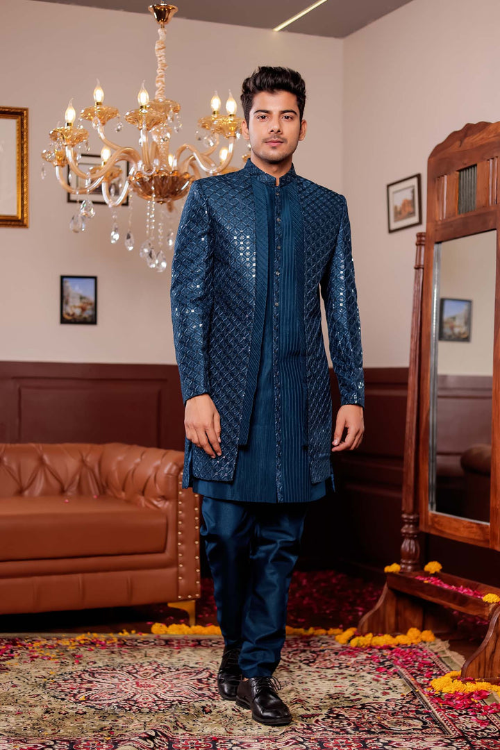 Teal Blue Open Jacket Style Indo-western Suit.