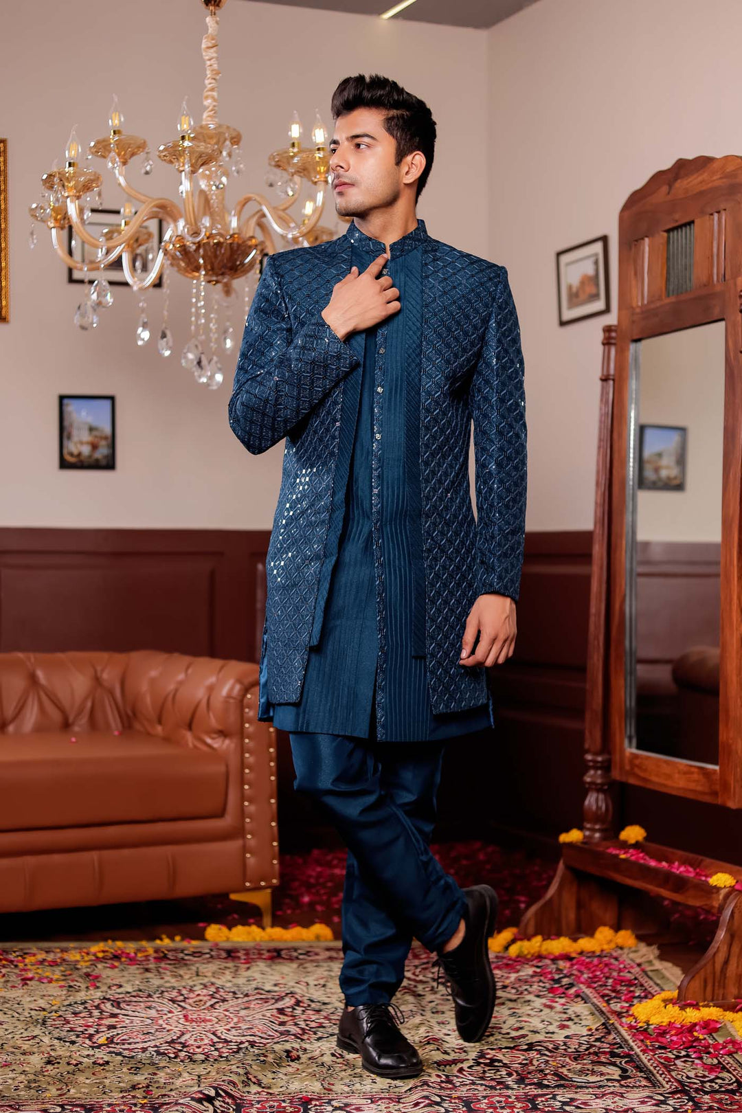 Teal Blue Open Jacket Style Indo-western Suit.