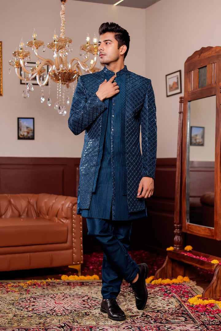 Teal Blue Open Jacket Style Indo-western Suit.