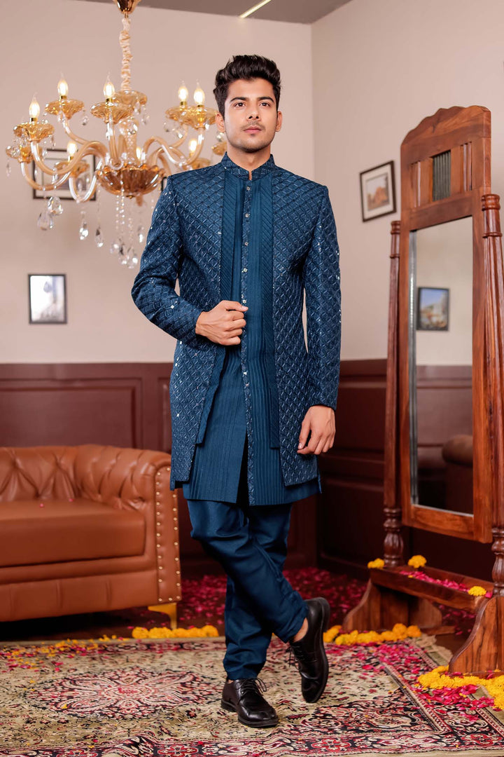 Teal Blue Open Jacket Style Indo-western Suit.