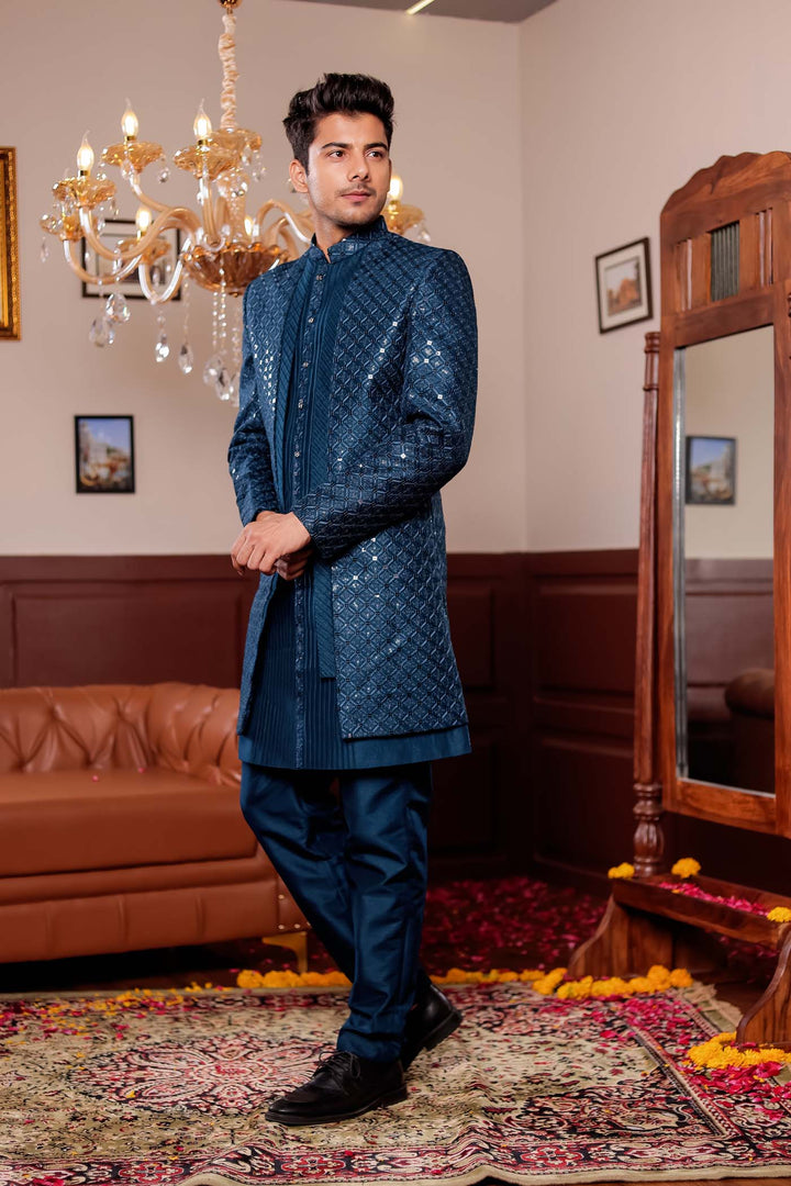 Teal Blue Open Jacket Style Indo-western Suit.