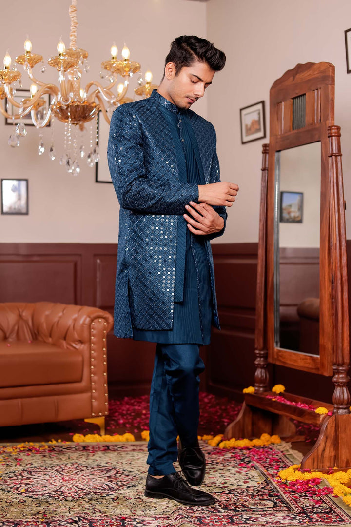 Teal Blue Open Jacket Style Indo-western Suit.