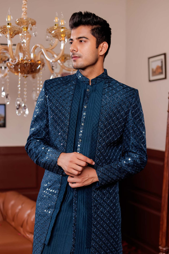 Teal Blue Open Jacket Style Indo-western Suit.