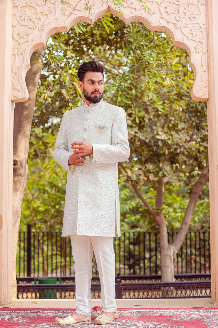 Light Blue Lucknowi Silk Indo-western Suit