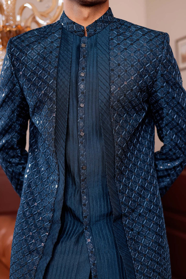 Teal Blue Open Jacket Style Indo-western Suit.