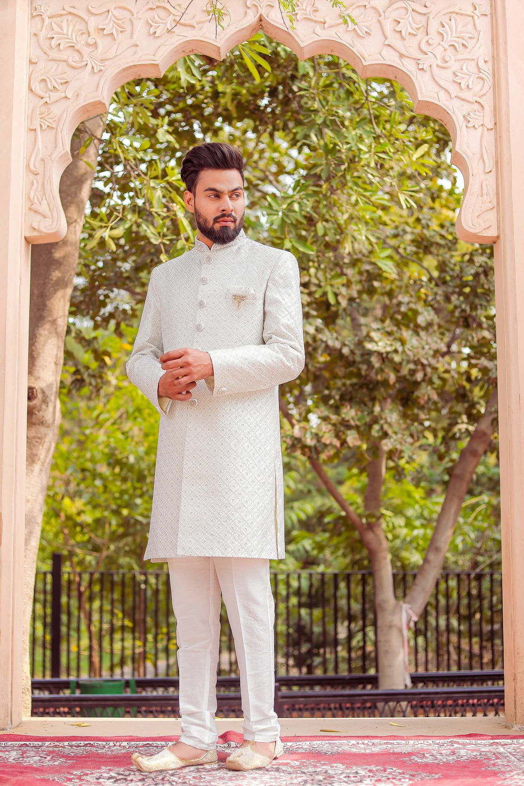 Light Blue Lucknowi Silk Indo-western Suit