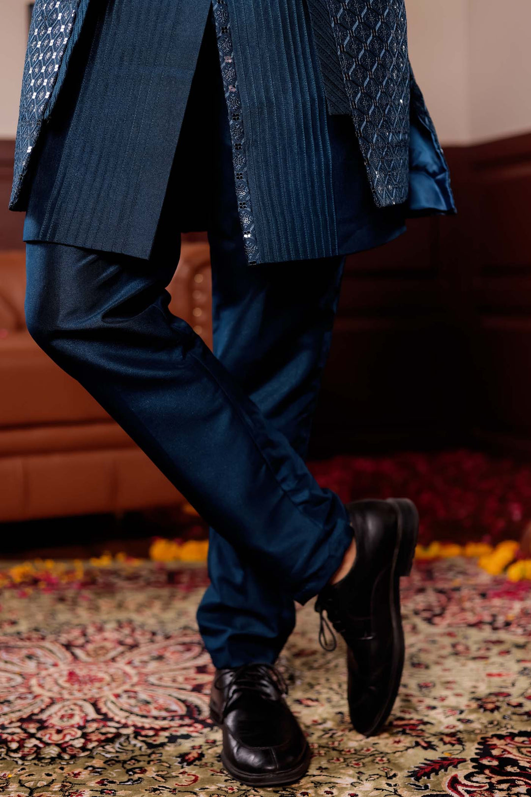 Teal Blue Open Jacket Style Indo-western Suit.