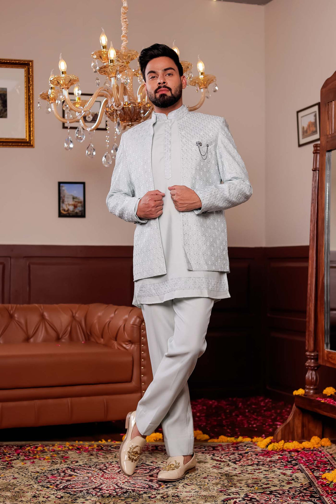 Mint Green Open Jacket Style Jodhpuri Suit With Kurta