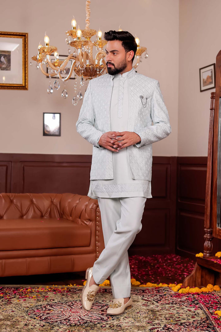 Mint Green Open Jacket Style Jodhpuri Suit With Kurta