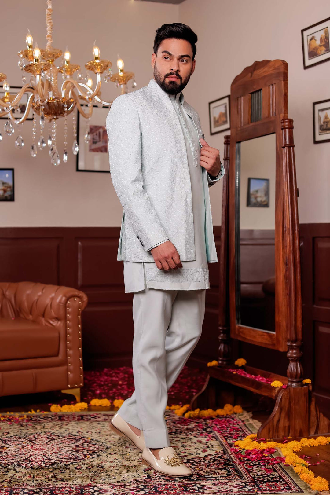 Mint Green Open Jacket Style Jodhpuri Suit With Kurta