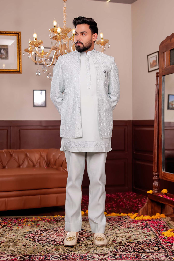 Mint Green Open Jacket Style Jodhpuri Suit With Kurta