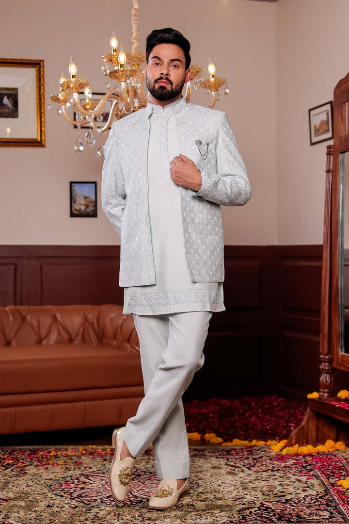 Mint Green Open Jacket Style Jodhpuri Suit With Kurta