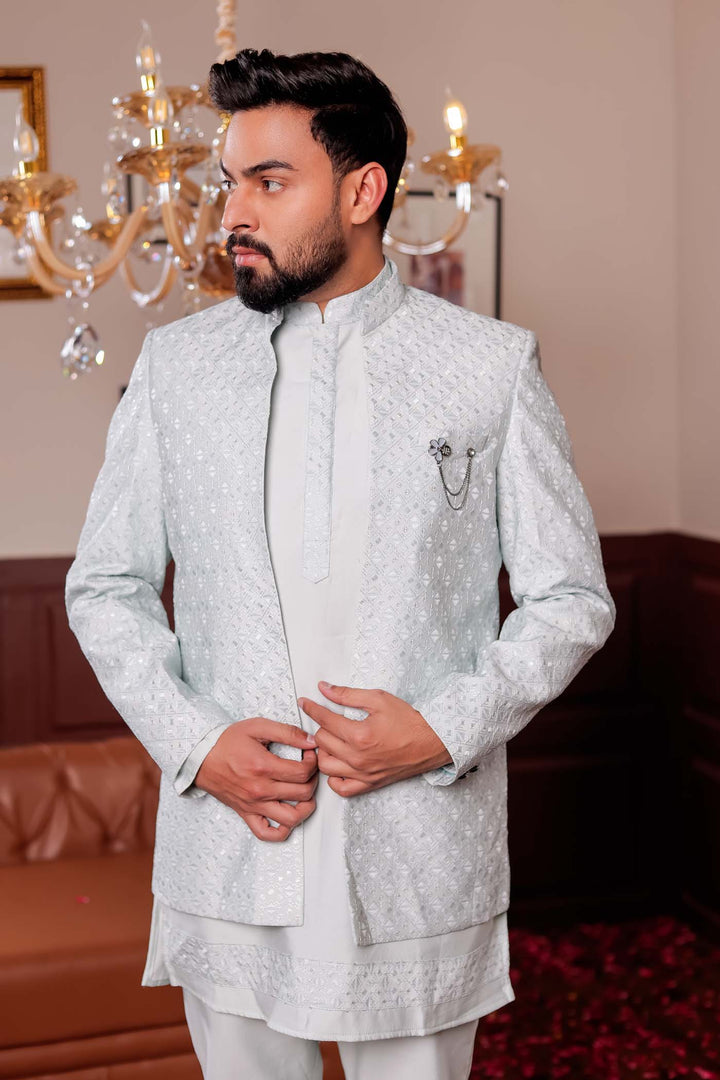 Mint Green Open Jacket Style Jodhpuri Suit With Kurta