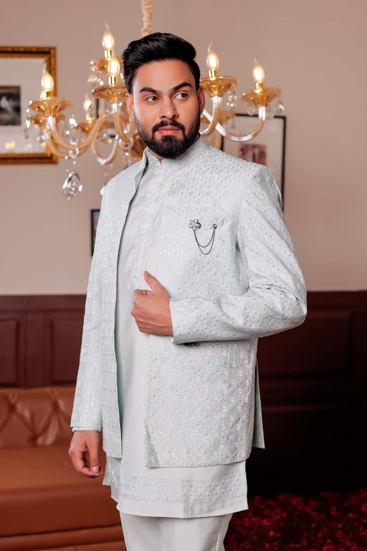 Mint Green Open Jacket Style Jodhpuri Suit With Kurta