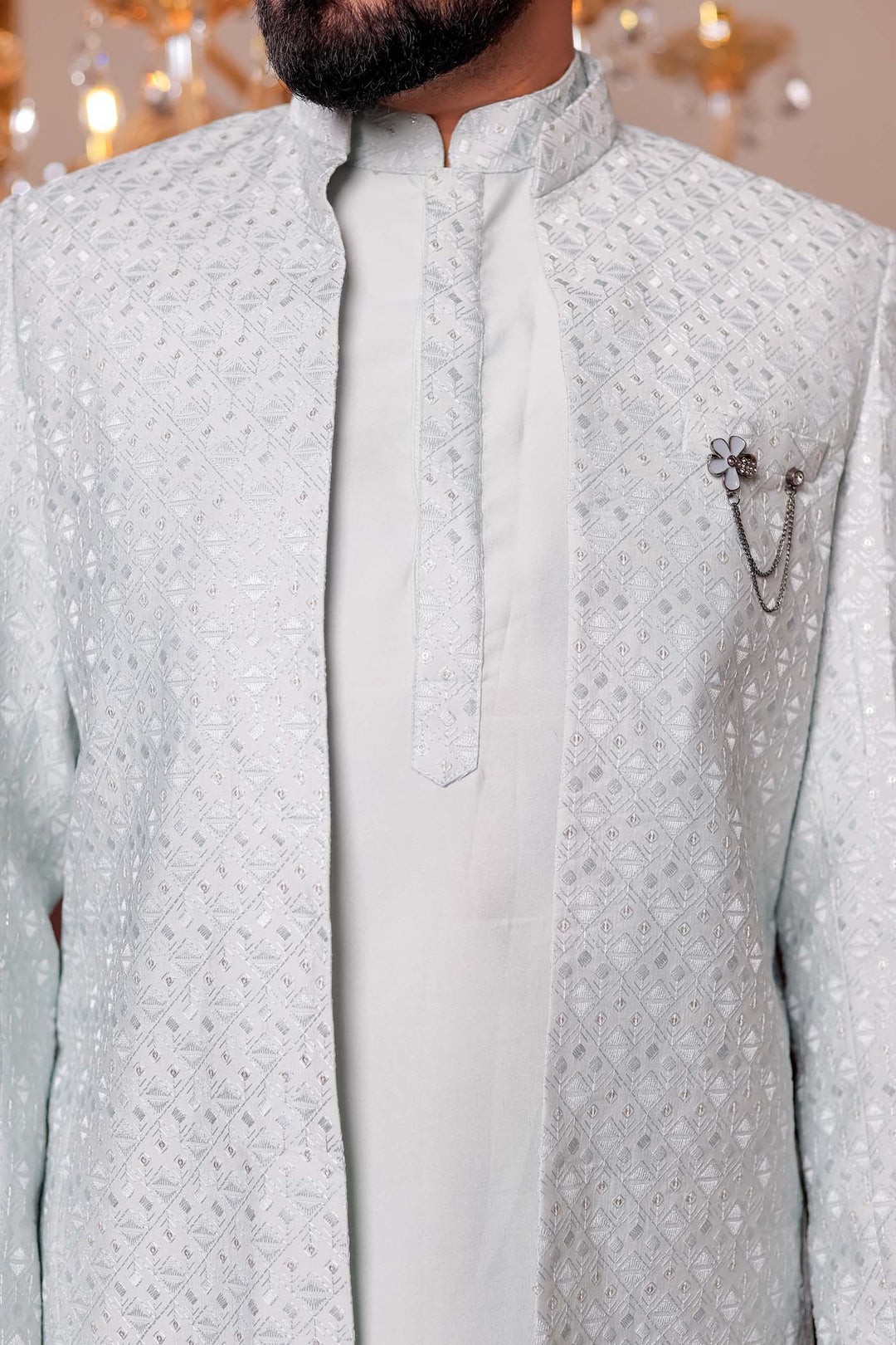 Mint Green Open Jacket Style Jodhpuri Suit With Kurta