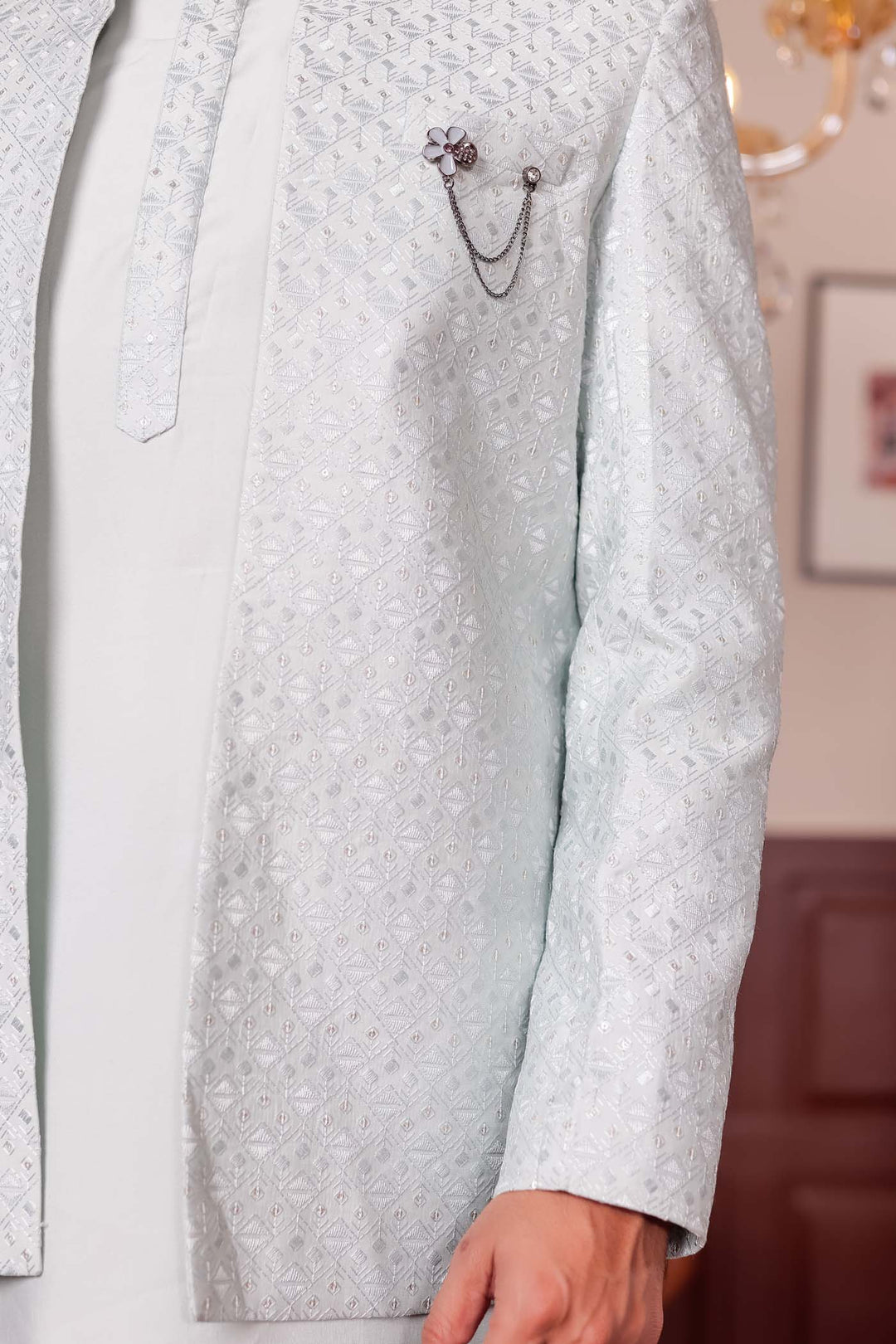 Mint Green Open Jacket Style Jodhpuri Suit With Kurta