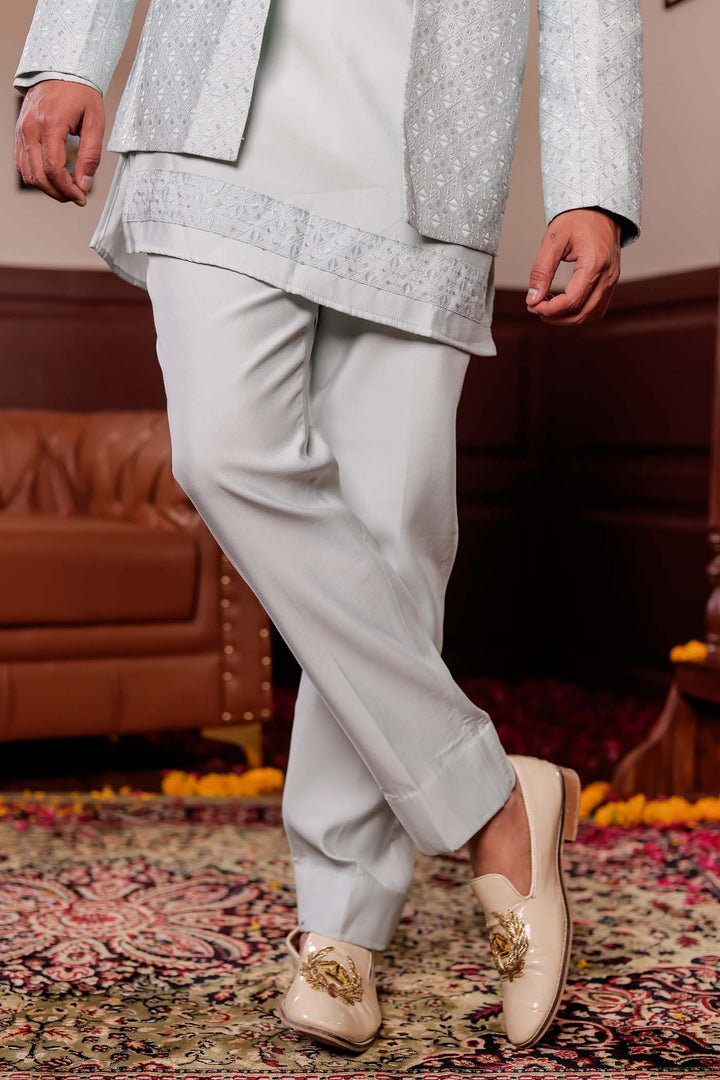 Mint Green Open Jacket Style Jodhpuri Suit With Kurta