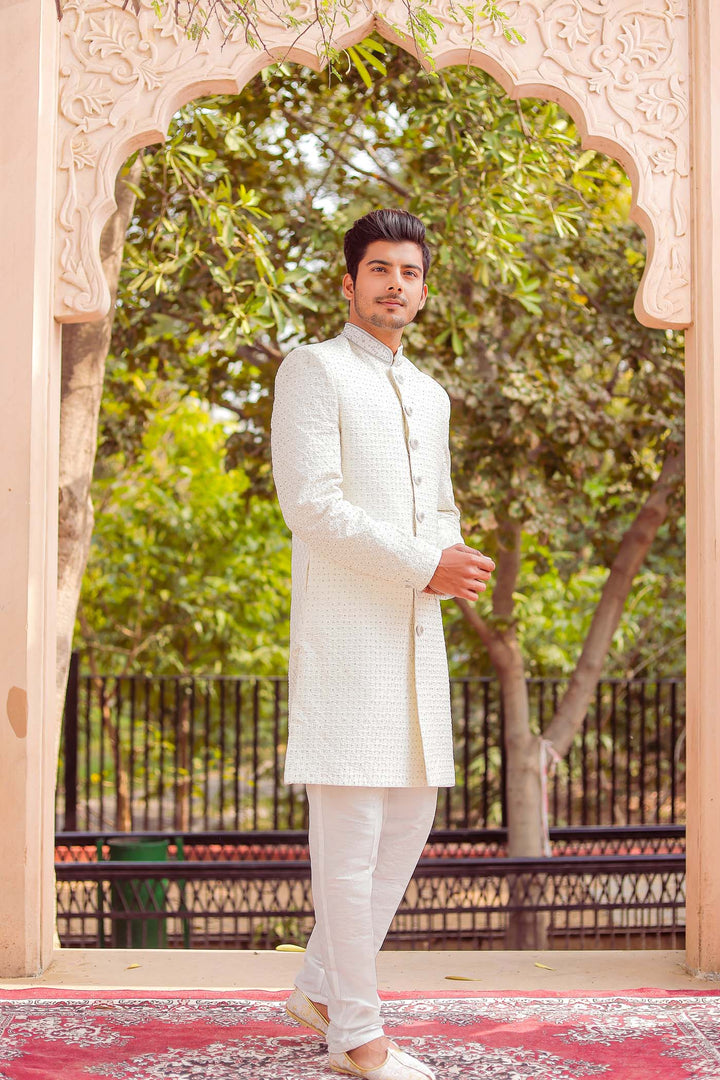 Off white Lucknowi Silk Indo-western Suit