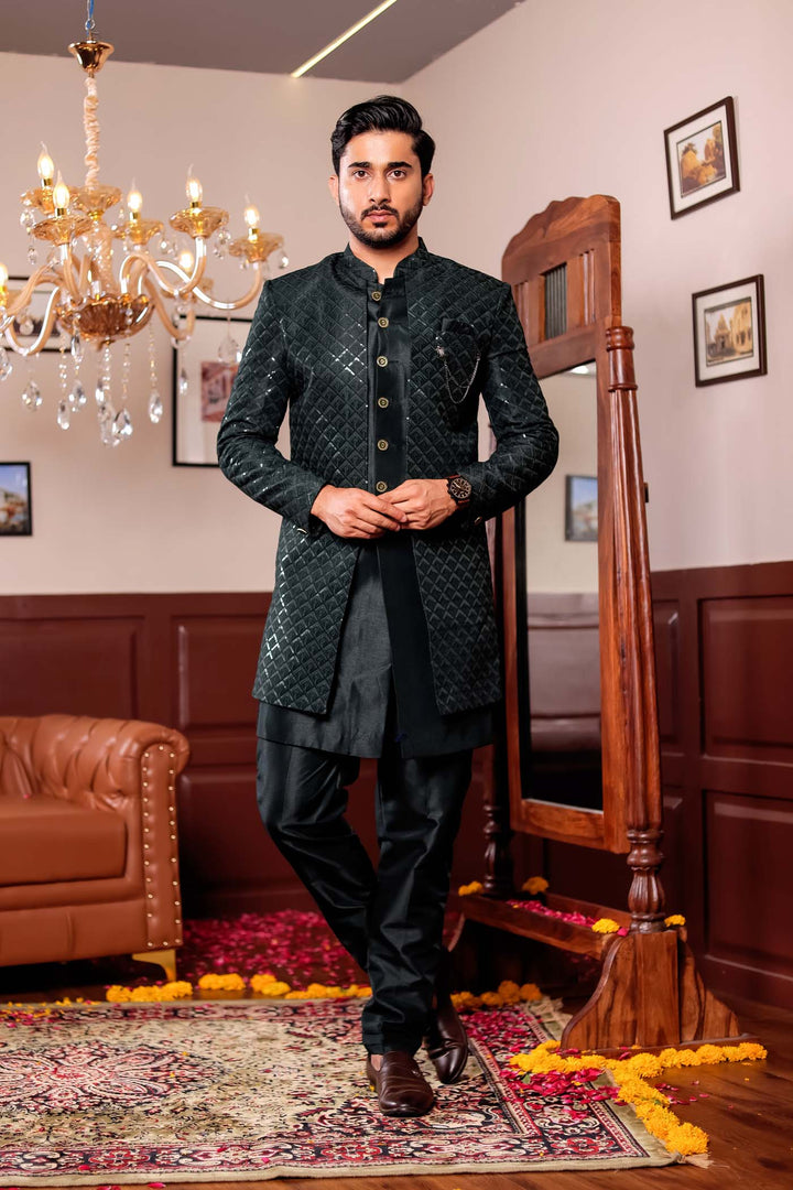 Bottle Green Silk Embroidered Jacket Style Indo-wester Suit.