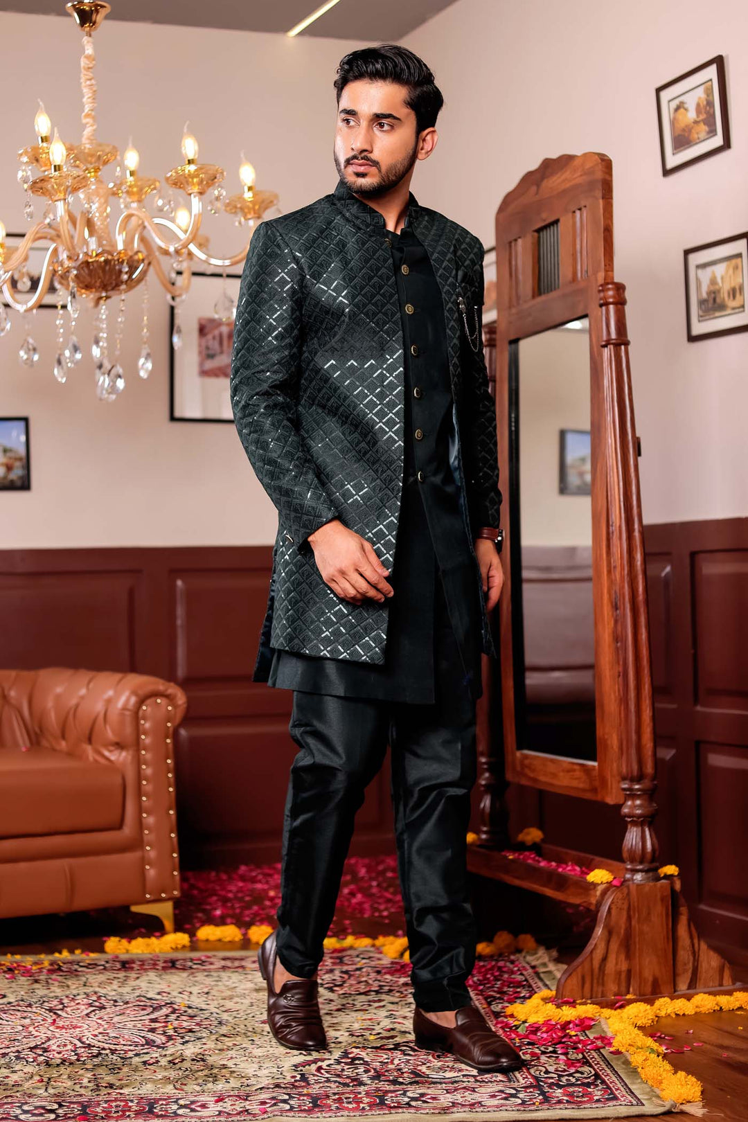 Bottle Green Silk Embroidered Jacket Style Indo-wester Suit.